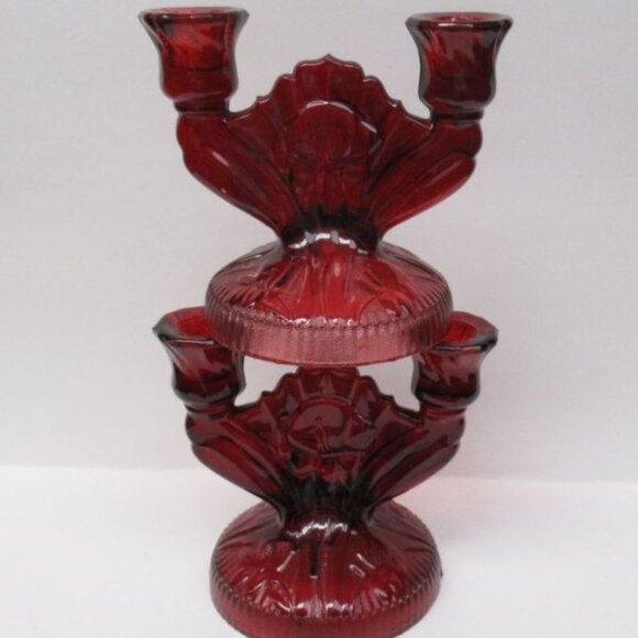 Jeannette Glass Ruby Flashed IRIS and HERRINGBONE Double Branch Candle Holders - Picture 4 of 5
